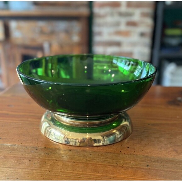 Paden City MCM Atomic Emerald Glo Green 9.25" Serving Bowl With Brass Base - Picture 1 of 14